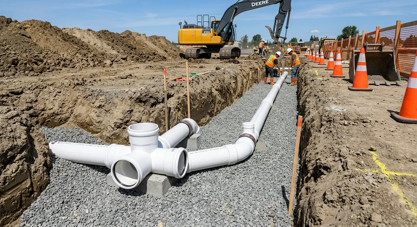 New PVC sewer pipe installation in open trench for Grease Trap Cleaning in Watertown