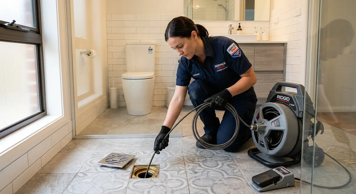 Technician clearing a bathroom floor drain for Clogged Drain Repair in Watertown